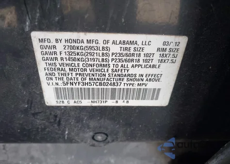 2012 Honda Pilot Ex-L from USA, damaged, VIN 5FNYF3H57CB024837